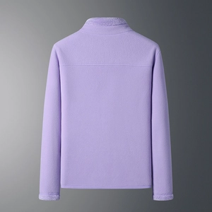 Back view of a lavender fleece jacket featuring thick plush trim and soft textured fabric
