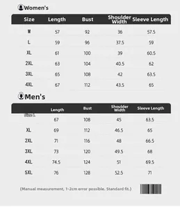 Detailed size chart for couple fleece jackets showing male and female measurements
