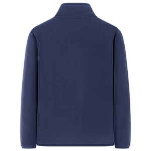 Dettaglio della giacca tattica in pile blu navy con colletto dritto e vista posteriore