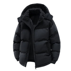 Black winter padded jacket with corduroy patchwork and detachable hood for warmth