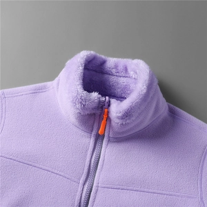 Detail of lavender fleece jacket showing soft faux fur collar and orange zipper pull