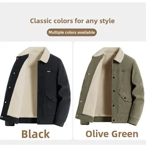 Detailed view of men's vintage corduroy jacket with thick sherpa fleece lining and flap pockets