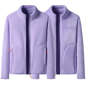 Unisex Double Sided Polar Fleece Jacket Thick Warm Stand Collar Full Zip Outerwear Casual Solid Color Winter Coat For Couple