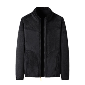 Unisex black double-sided fleece jacket with stand collar and zipper for winter warmth