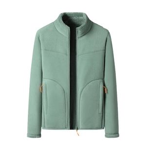 Men's sage green double-sided fleece jacket with orange zippers and stand collar