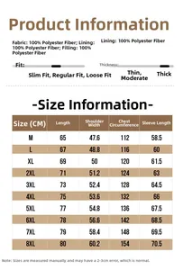 Size chart for corduroy jacket M-8XL with length shoulder bust and sleeve measurements