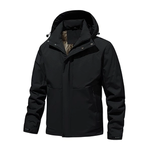 Waterproof hooded graphene jacket for men in black with windproof synthetic fabric