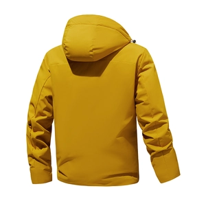 Back view of a ginger yellow windproof hooded outdoor jacket with adjustable drawstrings