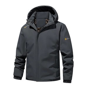 Deep grey hooded outdoor jacket with windproof lining and UTR sport logo print