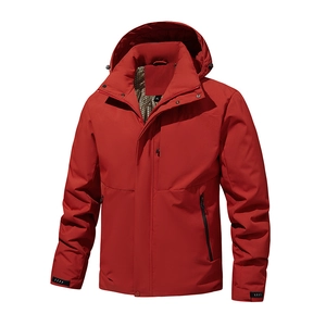 Detail view of red waterproof hooded jacket with graphene lining and zip pockets