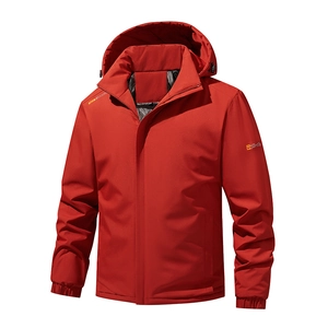 Men's bright red outdoor hooded windproof jacket with adjustable drawstring and logo