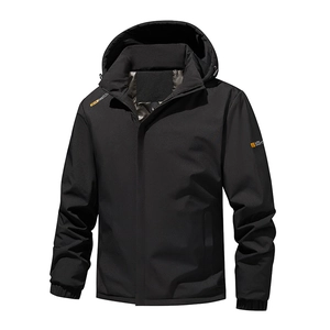Fleece-lined windproof outdoor jacket with detachable hood and logo in black