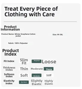 Detailed chart showing graphene winter jacket specifications and sizing guide
