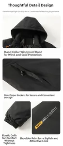 Detail view of black windproof jacket with hooded collar, zipper pockets and elastic cuffs