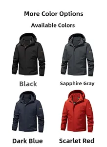 Detail view of windproof winter jacket showing detachable hood and four color options