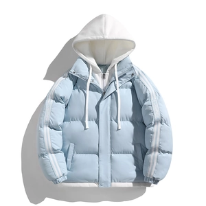 Men's light blue padded winter jacket with white faux-two-piece hood and stripe design