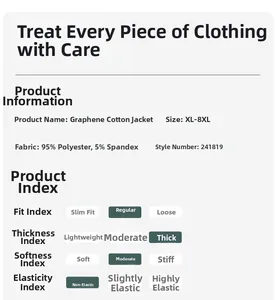 Detailed size chart and material specs for the graphene thermal padded jacket