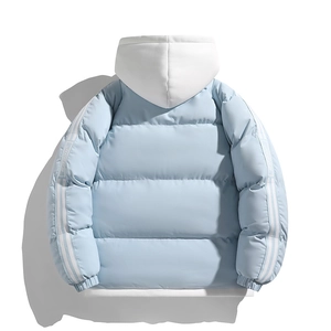 Detail view of light blue padded jacket showing white sleeve stripes and quilted back texture