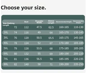 Detailed size chart for outdoor padded jacket with dimensions from XL to 8XL