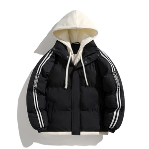 Men's black and white hooded puffer jacket with JWEES side stripes and layered design