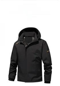 Detail of black fleece jacket showing adjustable hood and orange sleeve logo