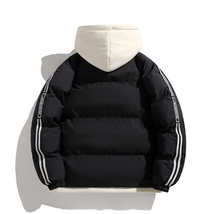 Rear view of a heavy hooded puffer jacket with black quilted design and white sleeve stripes