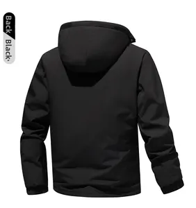 Rear view of black windproof outdoor jacket with detachable hood and elastic cuffs