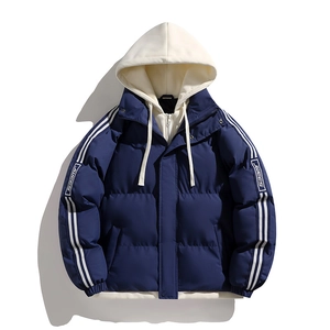 Men's Winter Thickened Padded Jacket Fake Two-Piece Hooded Puffer Coat Loose Fit Polyester Warm Outerwear With Stripes Print