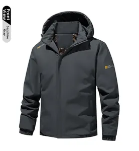 Detailed front view of gemstone grey hooded outdoor jacket with windproof fabric