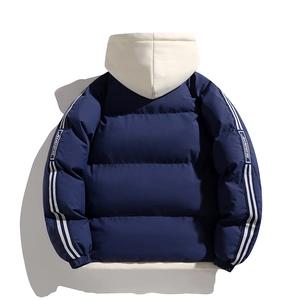 Detail of hooded padded jacket back featuring navy blue contrast and side sleeve stripes
