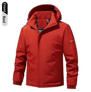 Detail view of Vermilion Red waterproof outdoor jacket with detachable hood and logo