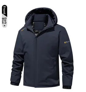 Detailed front view of navy blue windproof jacket with detachable hood and warm lining