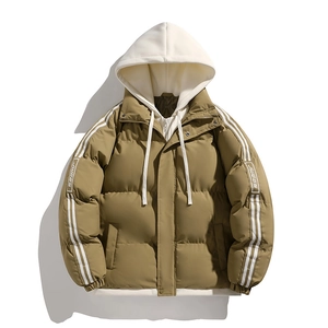 Men's khaki oversized puffer jacket with white contrast hood and sleeve stripes