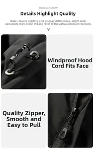 Close-up of windproof hood drawstring and smooth zipper on black outdoor jacket