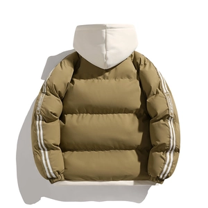 Detail view of khaki puffer jacket with horizontal quilting and white contrast hood