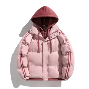 Detail of pink hooded puffer jacket with dark red sleeve stripes and JWEES print accents