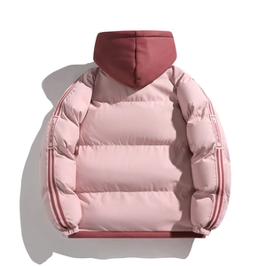 Close-up of pink hooded puffer jacket with sporty red and white sleeve tape details