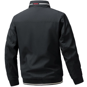 Men's slim fit stand collar jacket in black with red and white striped hem and back detail