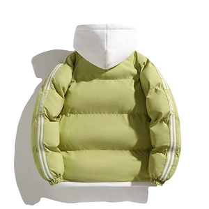 Rear view of green quilted winter coat with white hood and striped sleeves detail