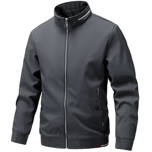 Men's slim fit dark grey stand collar jacket with ribbed cuffs and striped details