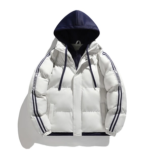 Thick hooded winter jacket for men and women featuring blue and white patchwork design