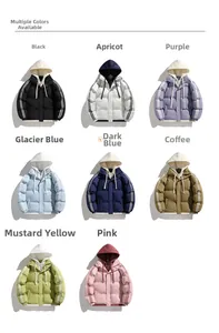 Collage of padded winter hoodies for men and women available in eight different trendy colors