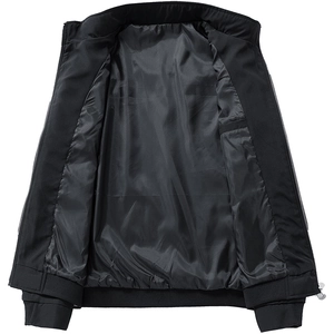Slim fit men's black jacket with high collar and patterned lining on white background