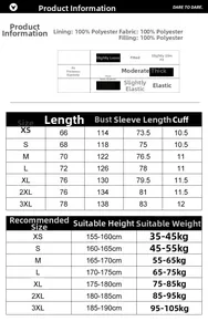 Size chart for oversized hooded puffer jacket with fabric specs and dimensions from XS to 3XL