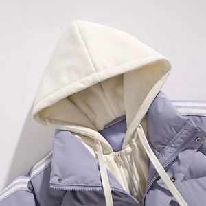 Detailed close-up of lavender padded jacket with fake two-piece hood and white stripes