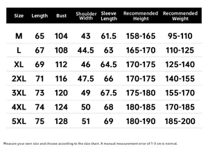 Detailed men jacket size chart for M to 5XL with length, chest, and height guide