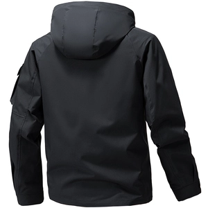 Back view of men's black waterproof hooded jacket with functional sleeve pocket