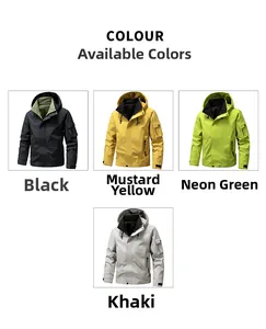 Detail of outdoor jackets in black, ginger, green, khaki with utility pockets and hood