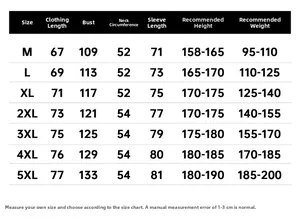 Detailed size guide table for men hooded windbreaker jacket from sizes M to 5XL