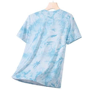 T-shirt d'été à col rond et motif tie-dye bleu et blanc, style décontracté et frais